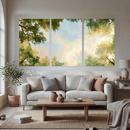 Tree canopy sky painting set of 3 poster prints in a bright living room