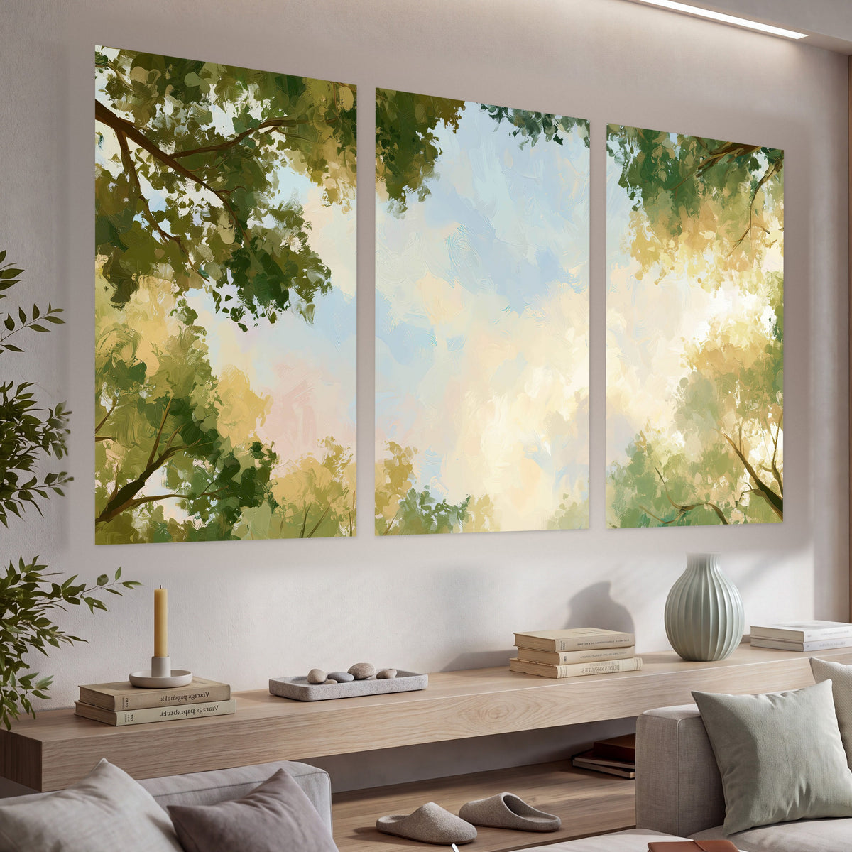 Tree canopy sky painting set of 3 poster prints in a living room above a console