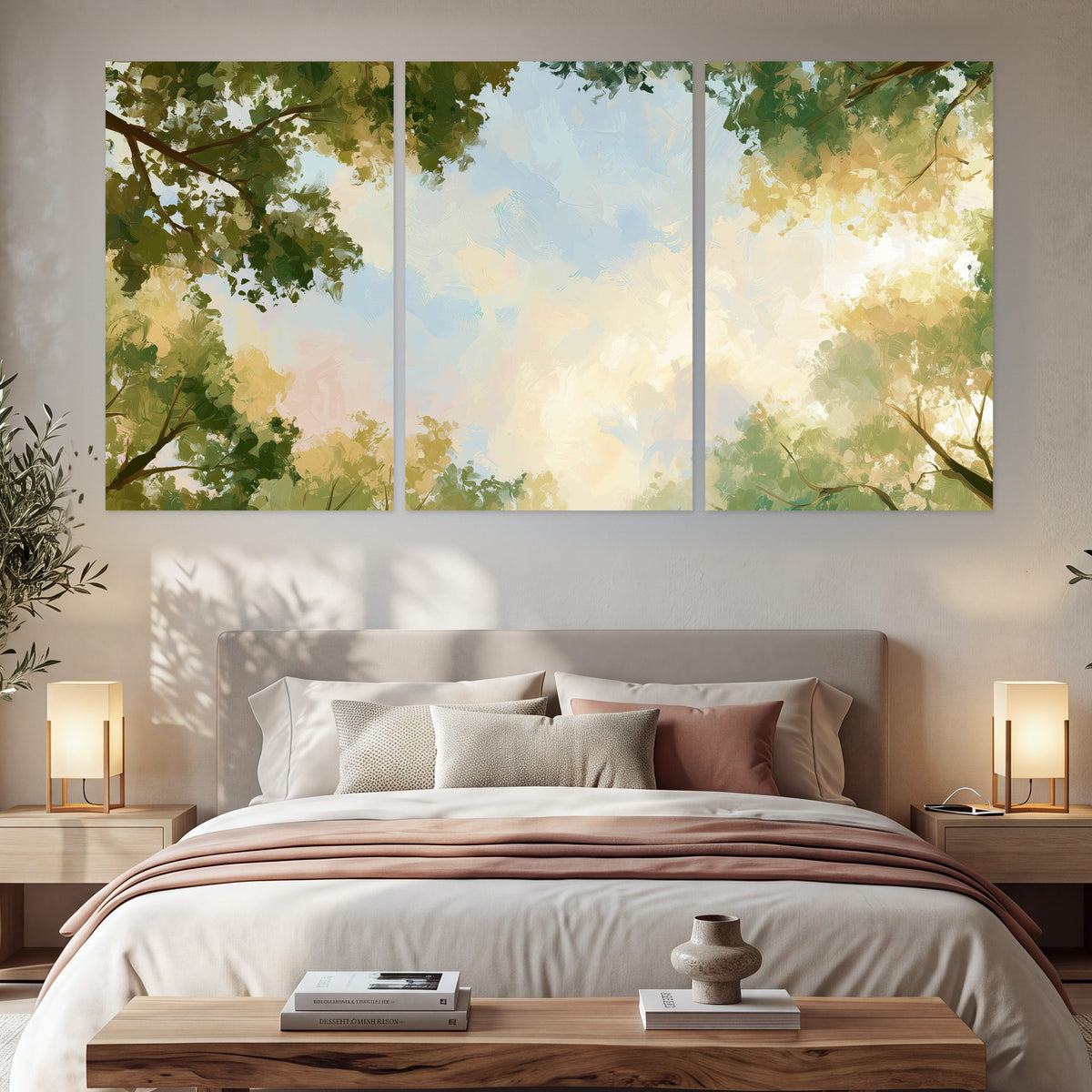 Tree canopy sky painting set of 3 poster prints in a bedroom above the bed