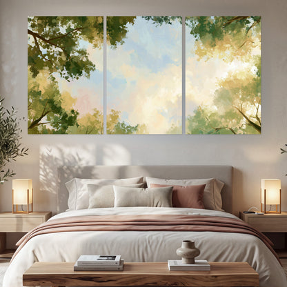 Tree canopy sky painting set of 3 poster prints in a bedroom above the bed