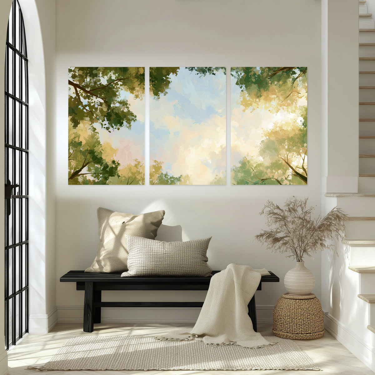 Tree canopy sky painting set of 3 poster prints in an entryway above a bench