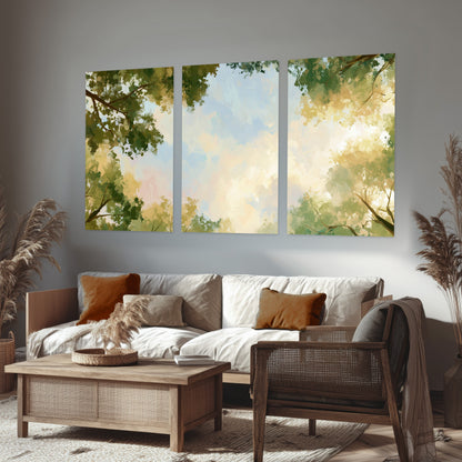 Tree canopy sky painting set of 3 poster prints in a rustic living room
