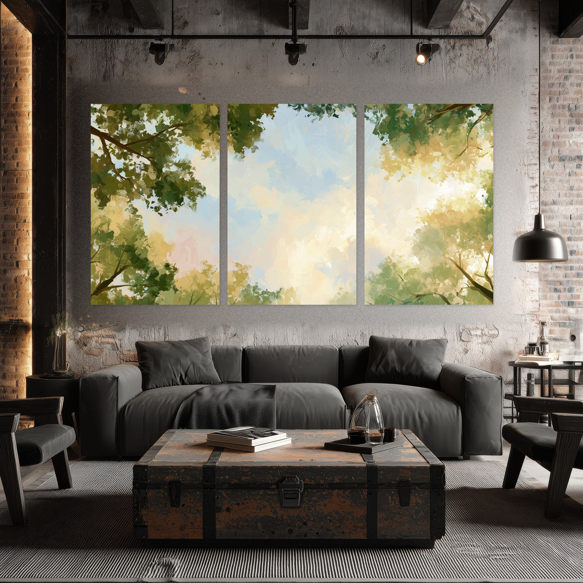 Tree canopy sky painting set of 3 poster prints in an industrial loft