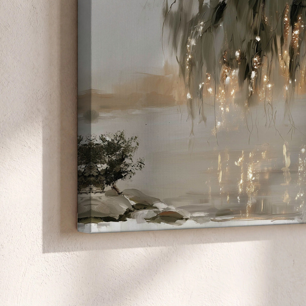 Willow tree sunset lake painting canvas print close-up showing the gallery-wrapped edge