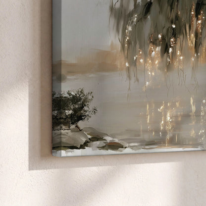 Willow tree sunset lake painting canvas print close-up showing the gallery-wrapped edge