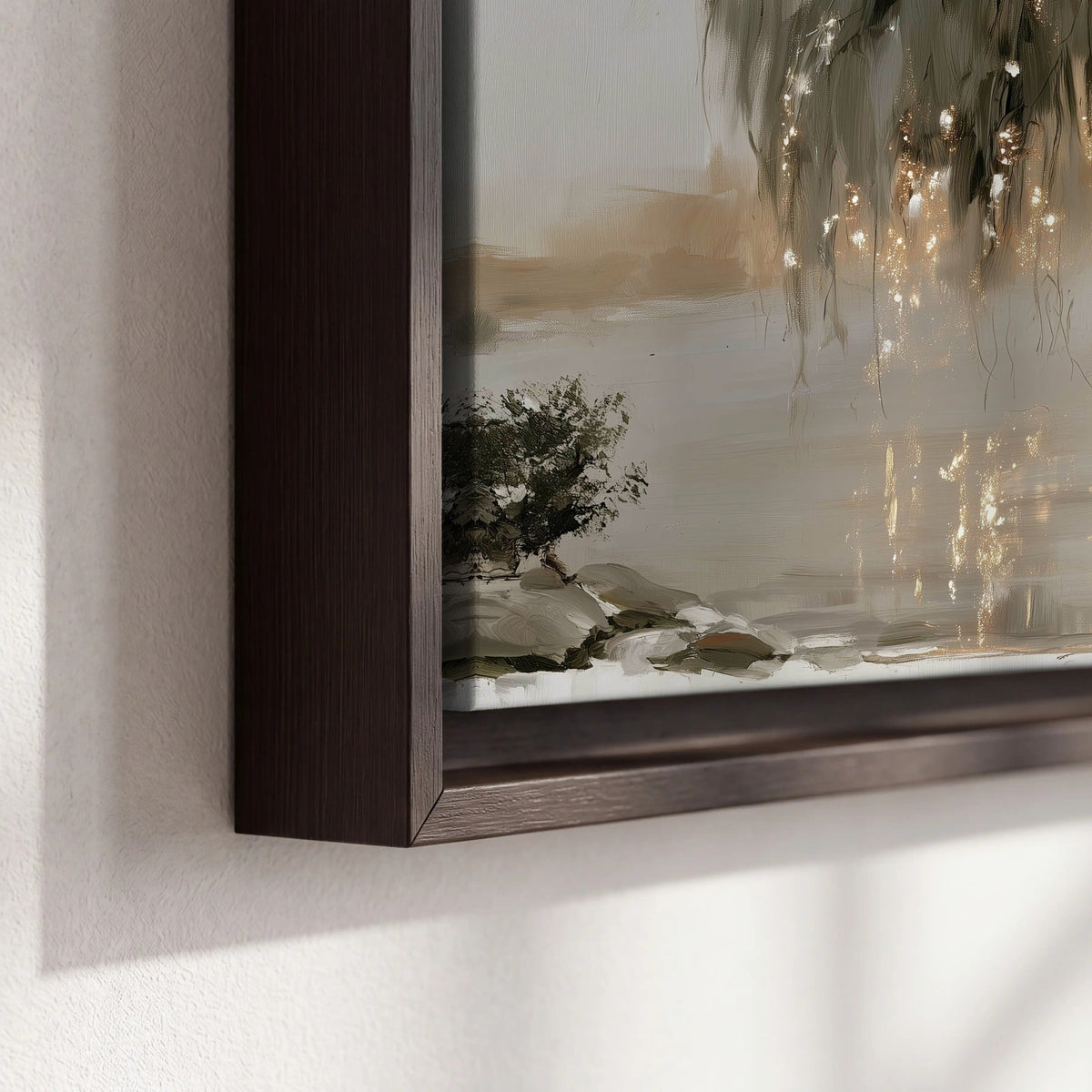 Willow tree sunset lake painting framed canvas close-up showing the floating frame