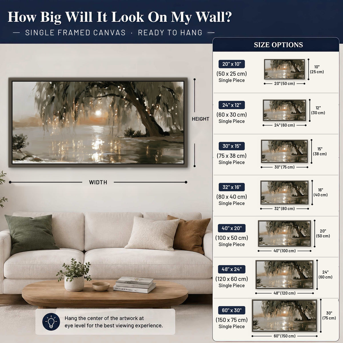 Willow tree sunset lake painting framed canvas wall art size guide above a sofa
