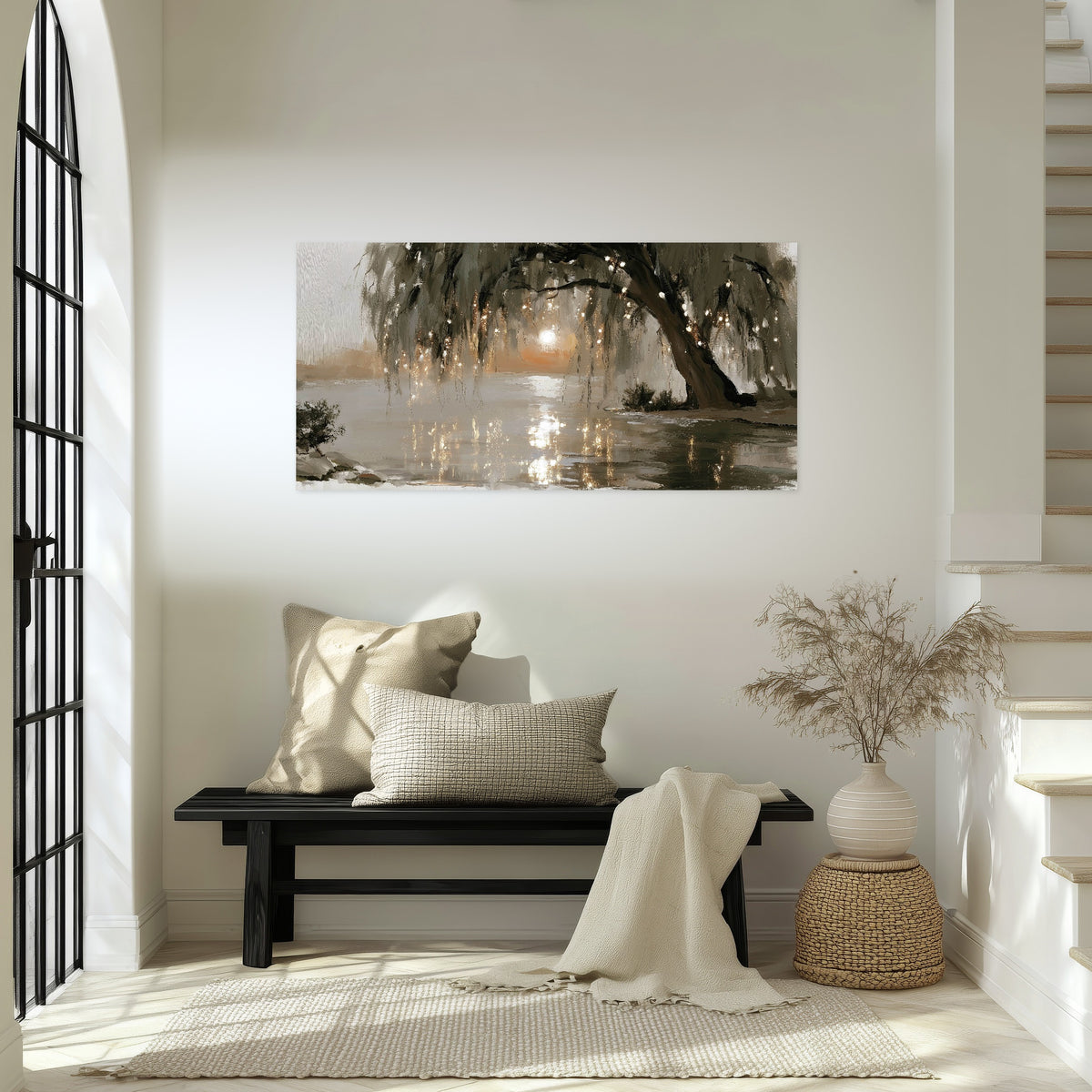 Willow tree sunset lake painting poster print in an entryway above a bench