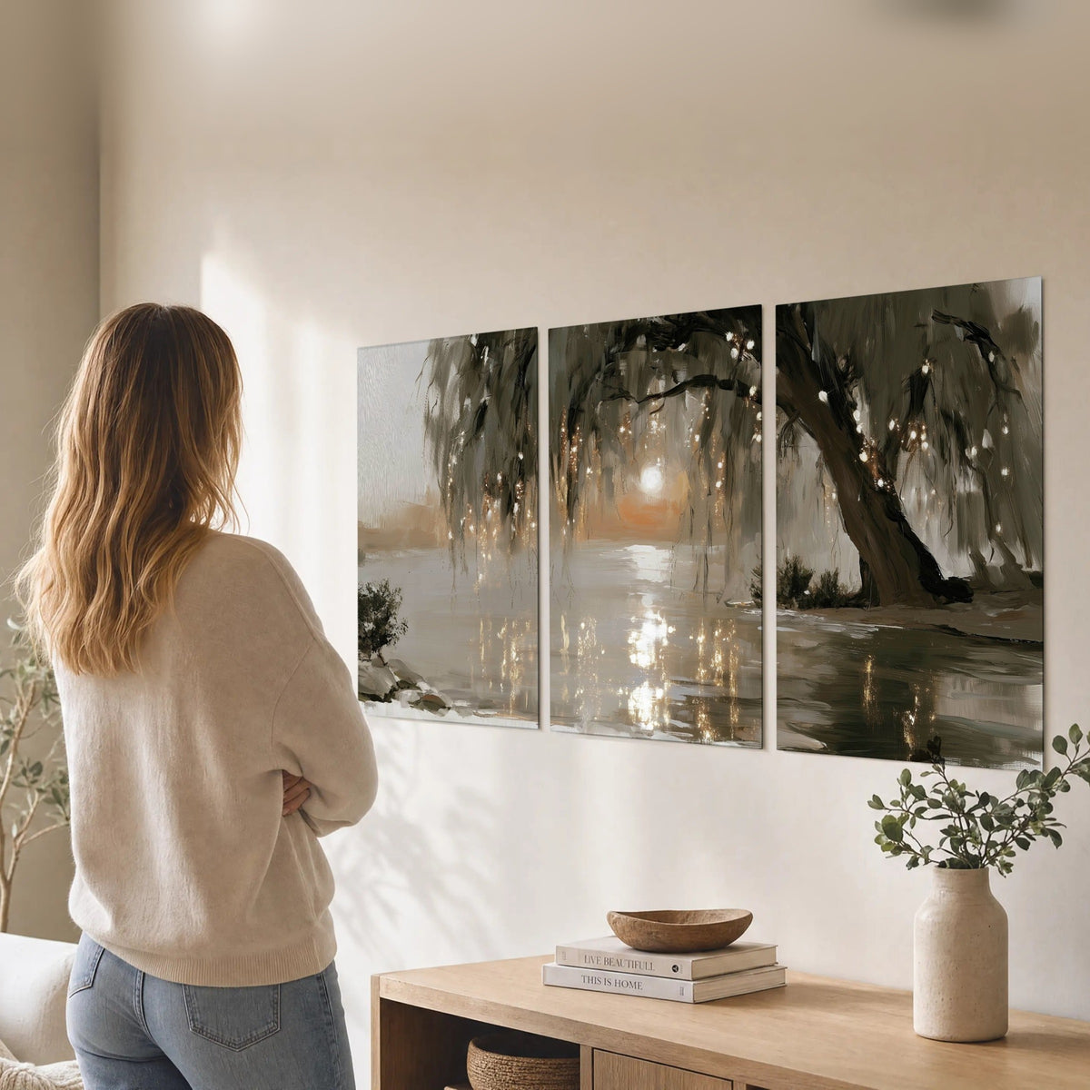 Willow tree sunset lake painting set of 3 poster prints in a living room