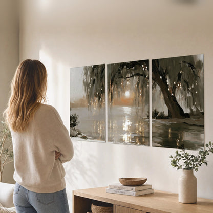 Willow tree sunset lake painting set of 3 poster prints in a living room