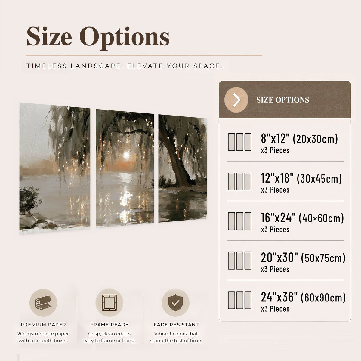 Willow tree sunset lake painting set of 3 poster prints size options