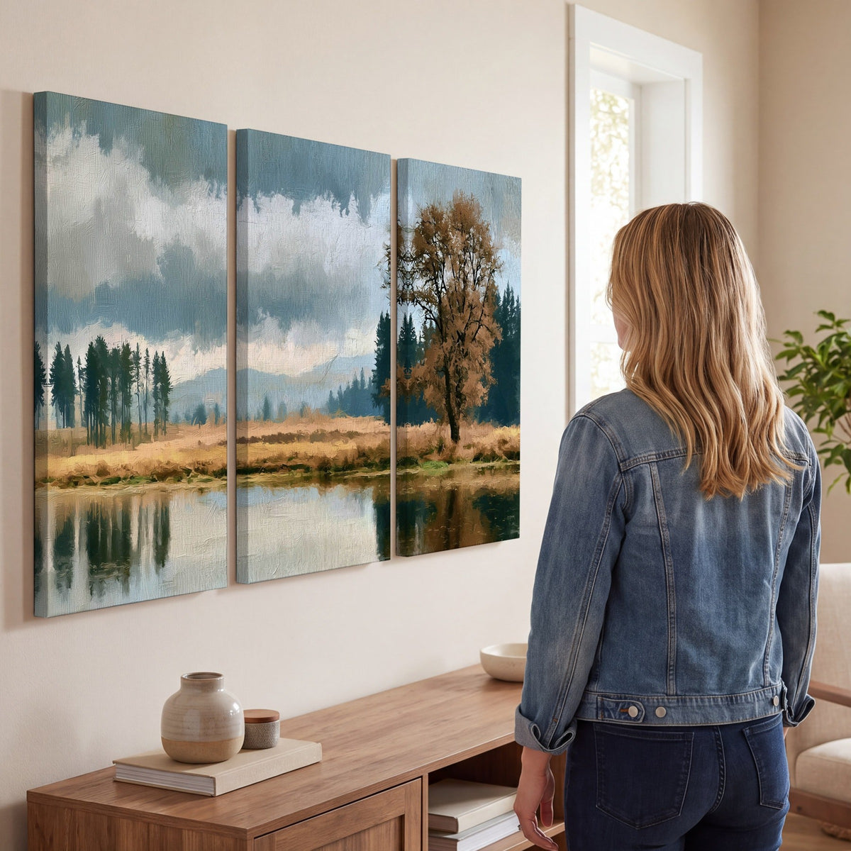 Autumn tree lake landscape painting 3 piece canvas wall art in a living room