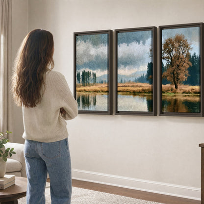 Autumn tree lake landscape painting 3 piece framed canvas in a living room