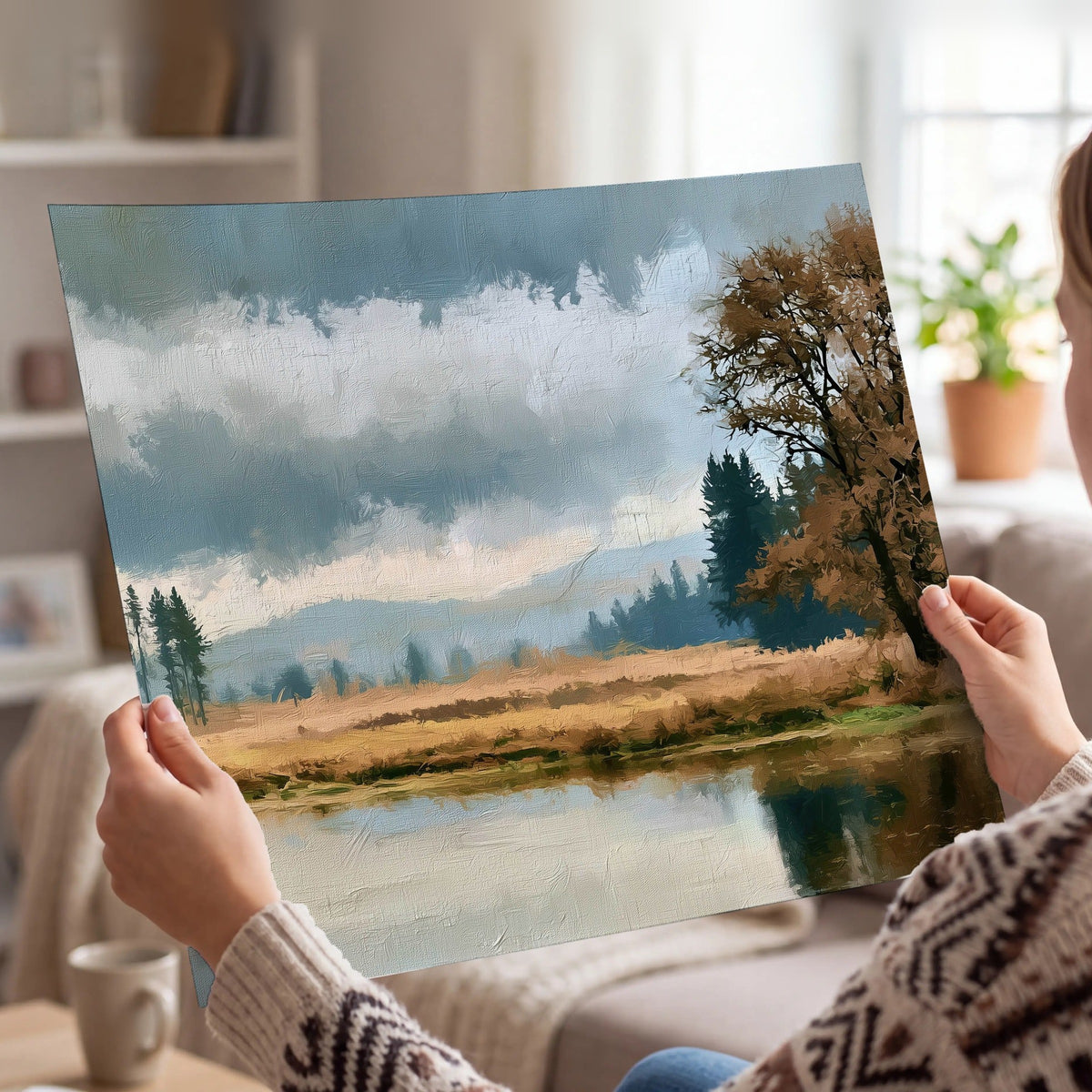Autumn tree lake landscape painting poster print held in hands