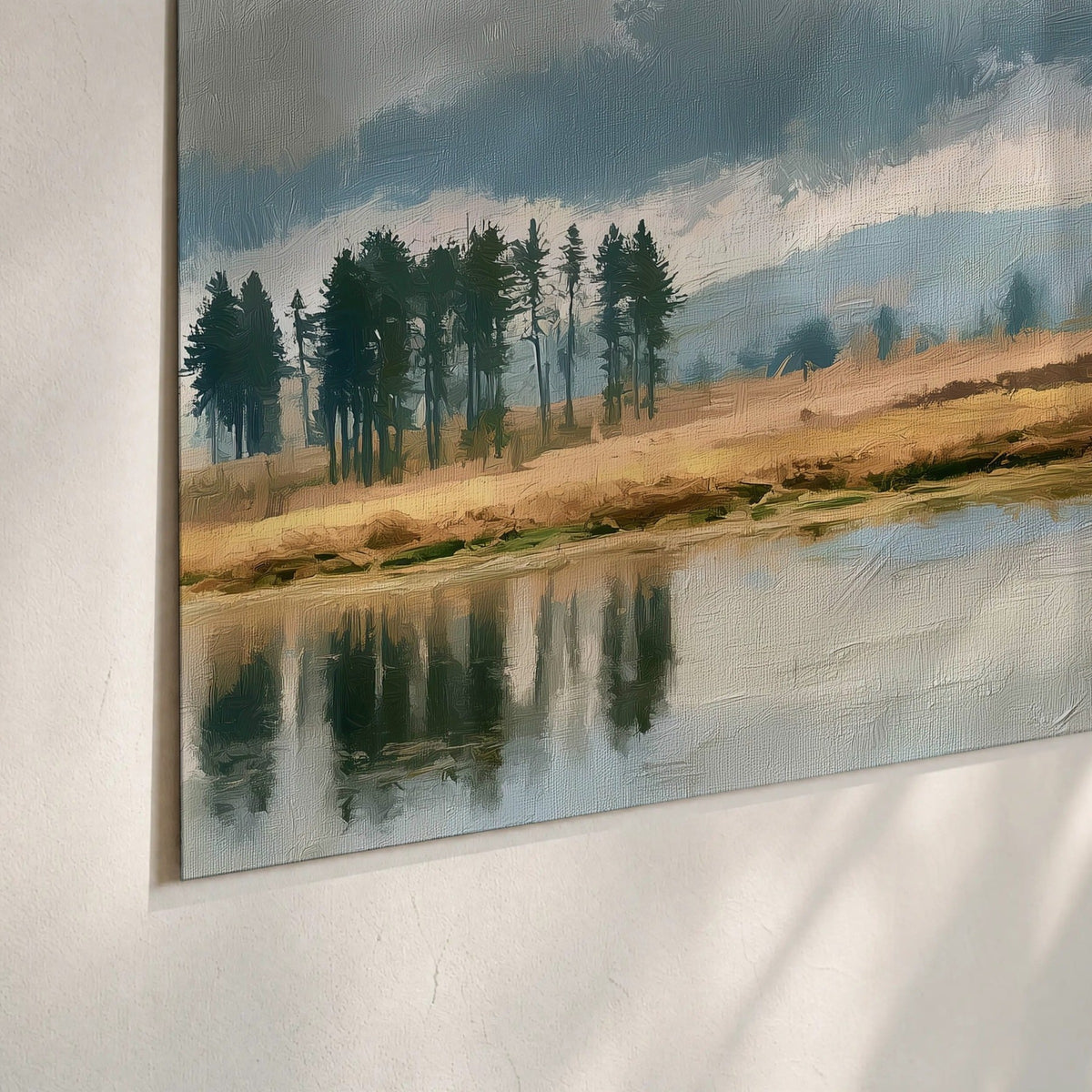 Autumn tree lake landscape painting poster print close-up on matte paper