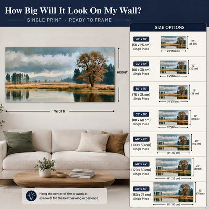 Autumn tree lake landscape painting poster print size guide above a sofa