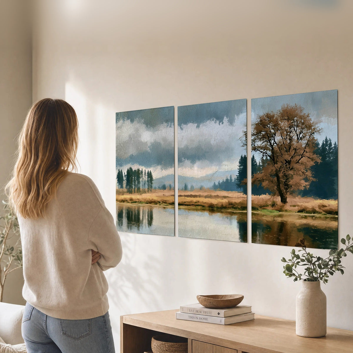 Autumn tree lake landscape painting set of 3 poster prints in a living room