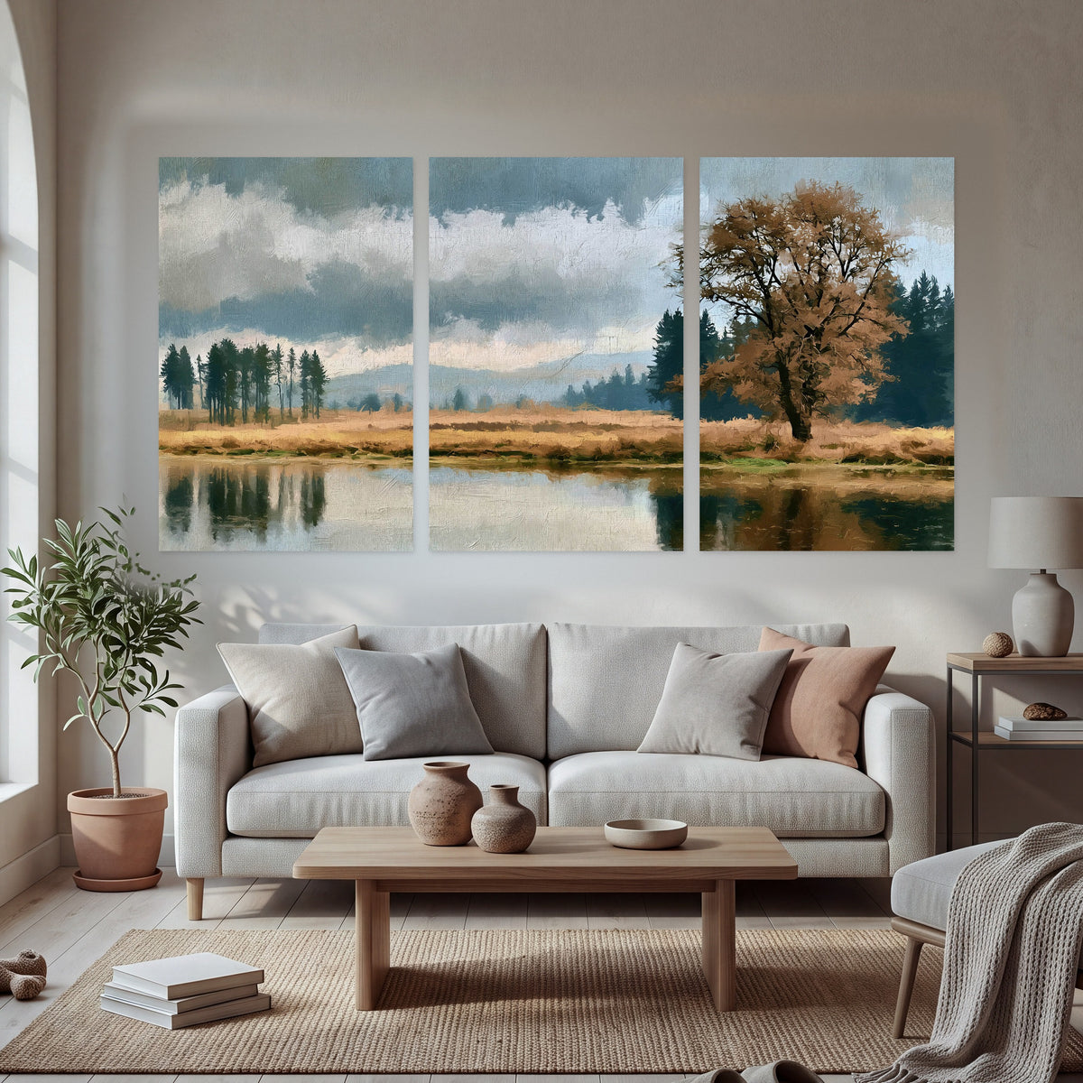Autumn tree lake landscape painting set of 3 poster prints in a bright living room