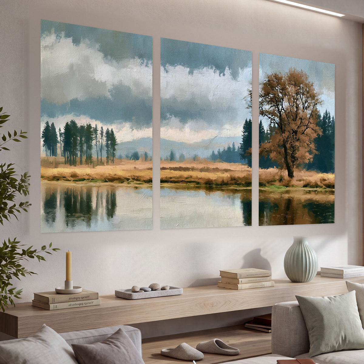 Autumn tree lake landscape painting set of 3 poster prints in a living room above a console