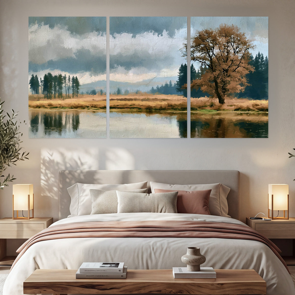 Autumn tree lake landscape painting set of 3 poster prints in a bedroom above the bed