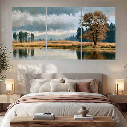 Autumn tree lake landscape painting set of 3 poster prints in a bedroom above the bed