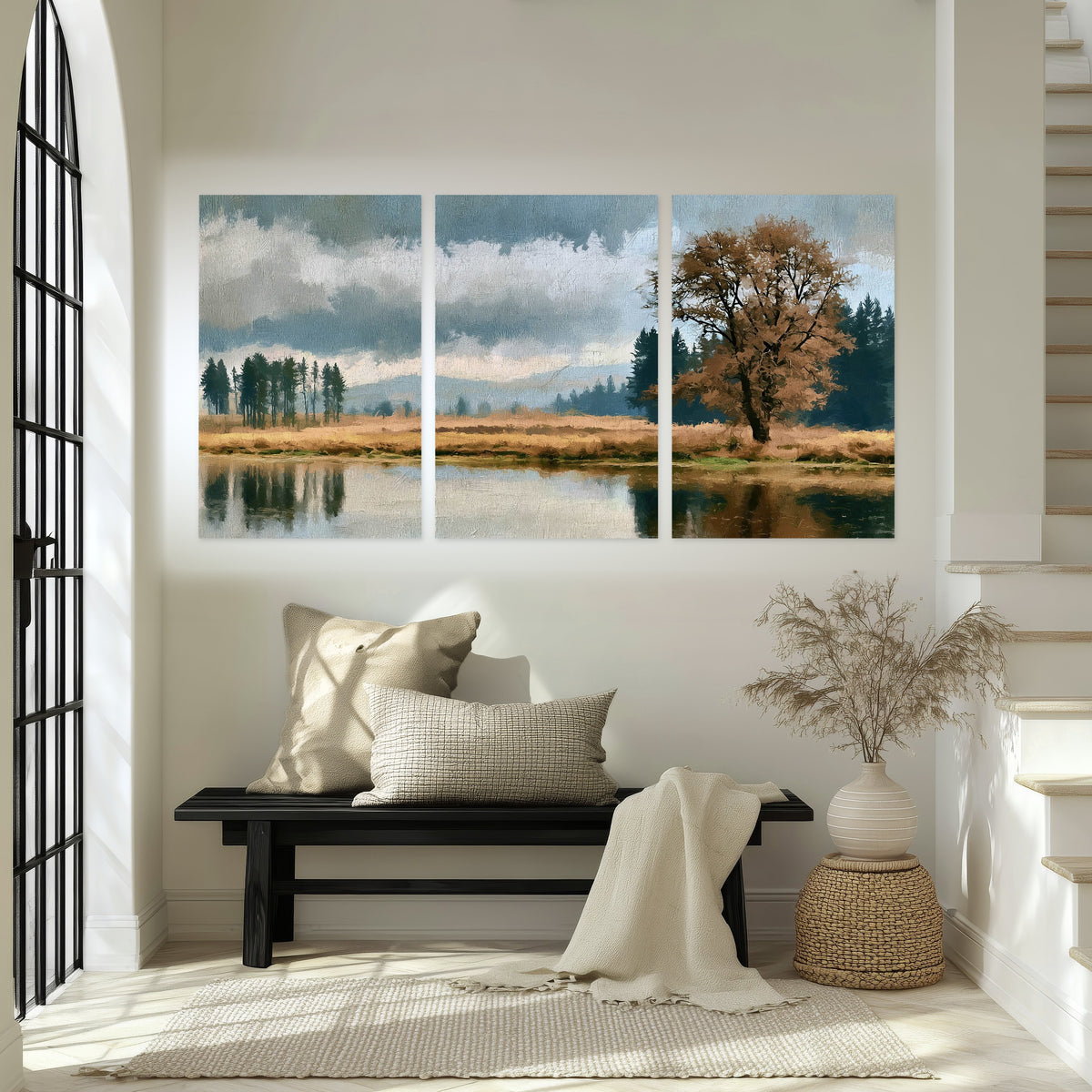 Autumn tree lake landscape painting set of 3 poster prints in an entryway above a bench