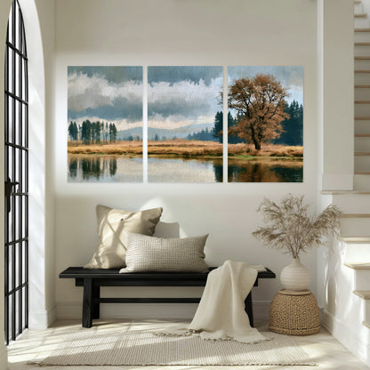 Autumn tree lake landscape painting set of 3 poster prints in an entryway above a bench