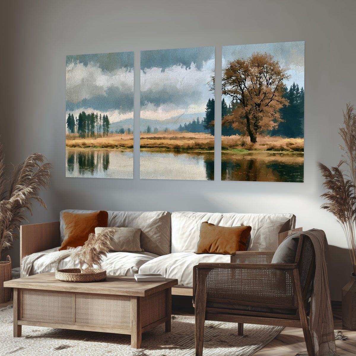 Autumn tree lake landscape painting set of 3 poster prints in a rustic living room