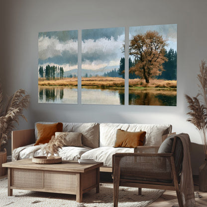 Autumn tree lake landscape painting set of 3 poster prints in a rustic living room