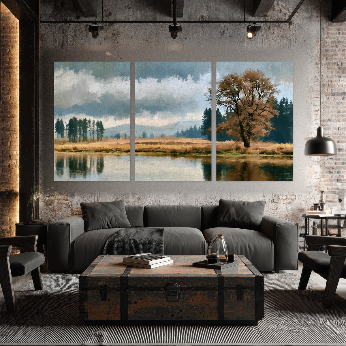 Autumn tree lake landscape painting set of 3 poster prints in an industrial loft