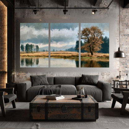 Autumn tree lake landscape painting set of 3 poster prints in an industrial loft
