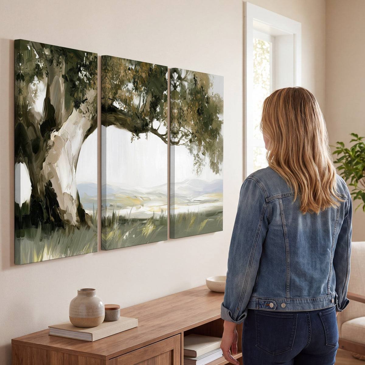 Old oak tree landscape painting 3 piece canvas wall art in a living room