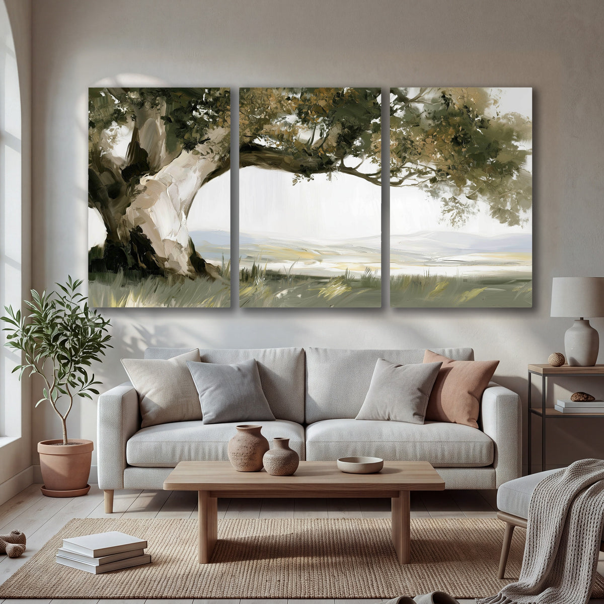 Old oak tree landscape painting 3 piece canvas wall art in a bright living room