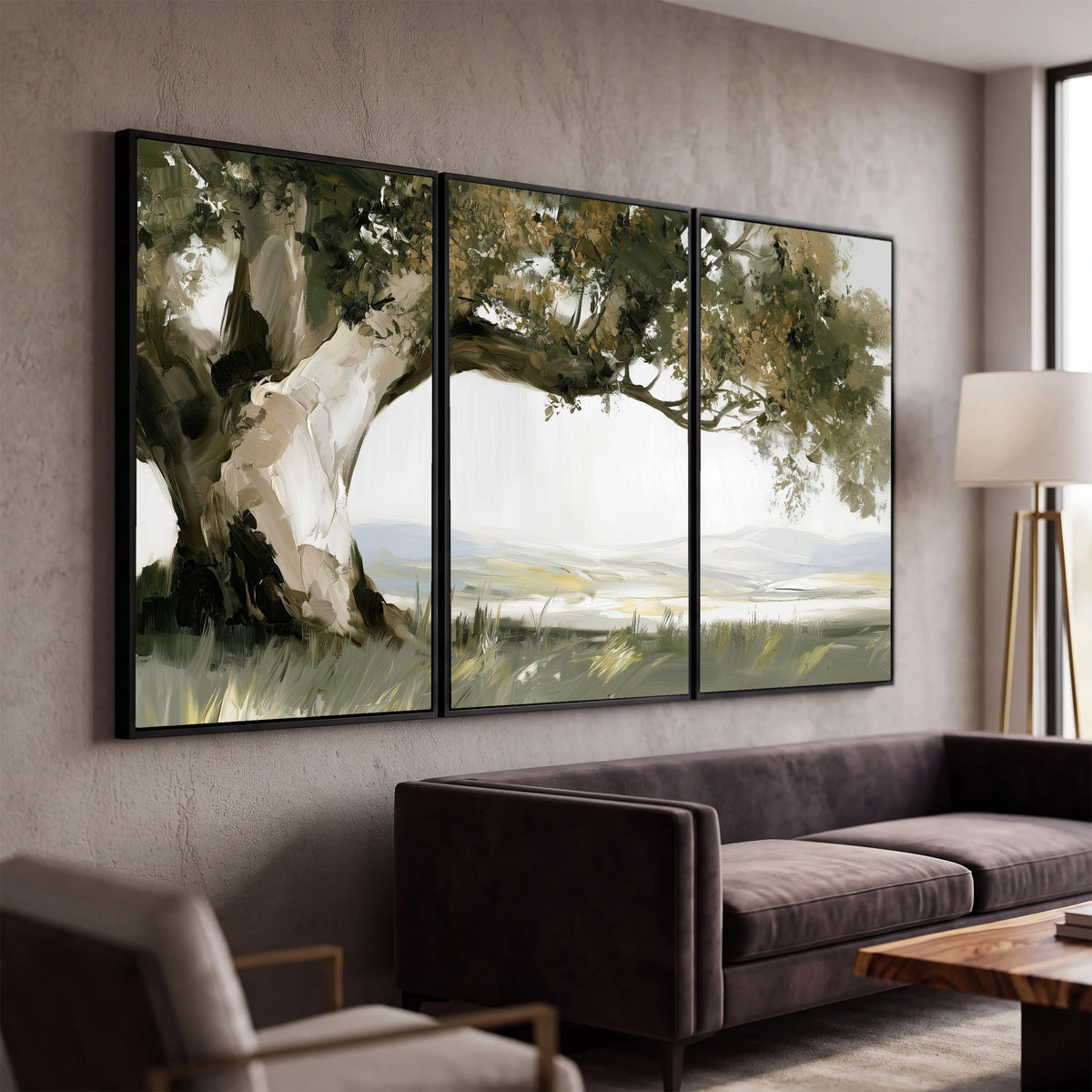 Old oak tree landscape painting 3 piece canvas wall art in a modern living room