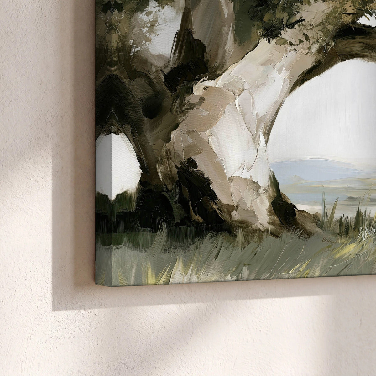 Old oak tree landscape painting canvas print close-up showing the gallery-wrapped edge