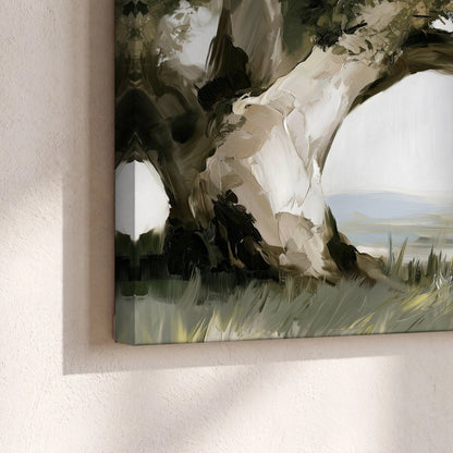 Old oak tree landscape painting canvas print close-up showing the gallery-wrapped edge