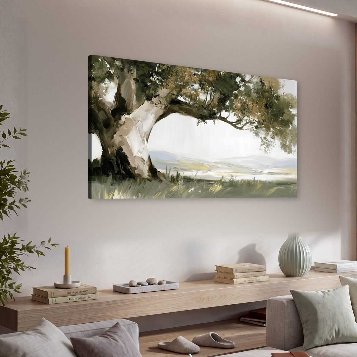 Old oak tree landscape painting canvas wall art in a living room above a console