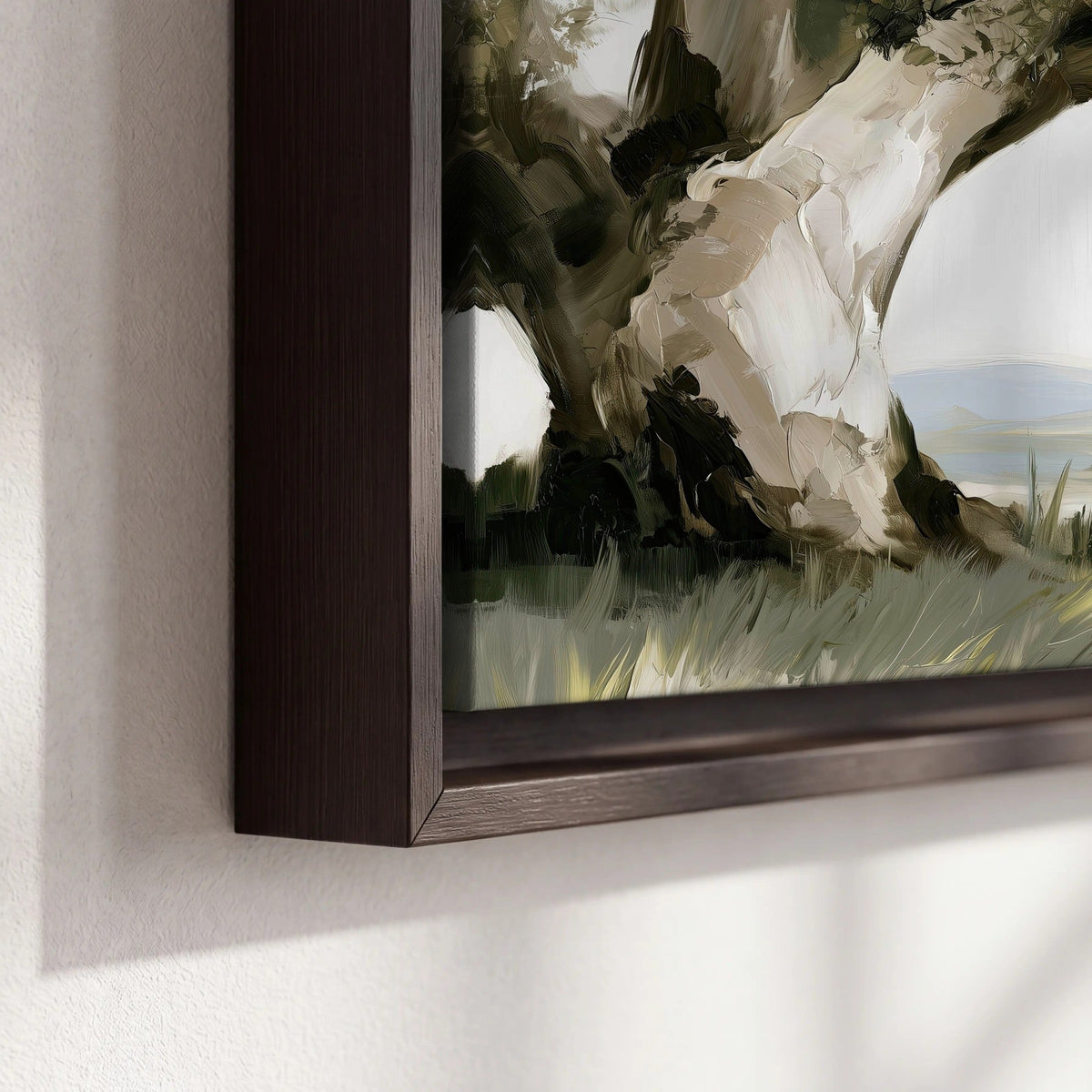 Old oak tree landscape painting framed canvas close-up showing the floating frame