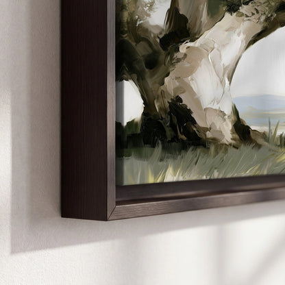 Old oak tree landscape painting framed canvas close-up showing the floating frame
