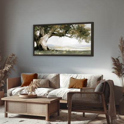 Old oak tree landscape painting framed canvas wall art in a rustic living room