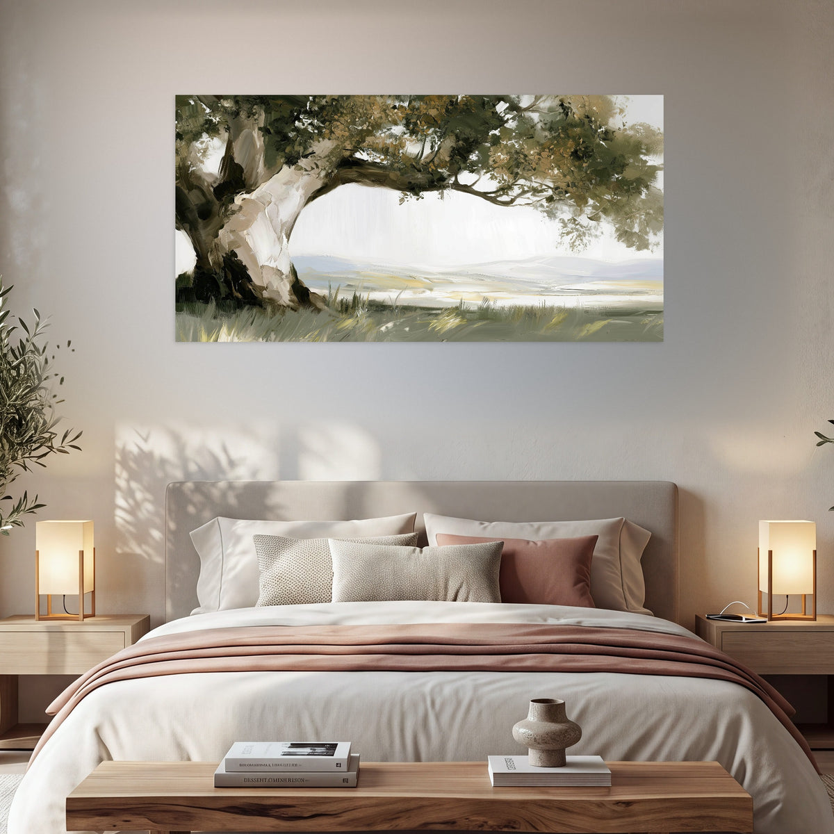 Old oak tree landscape painting poster print in a bedroom above the bed