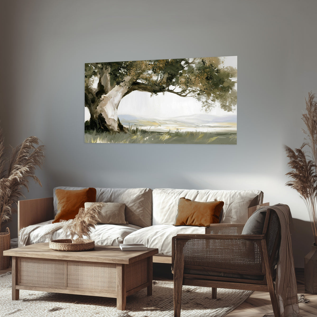 Old oak tree landscape painting poster print in a rustic living room