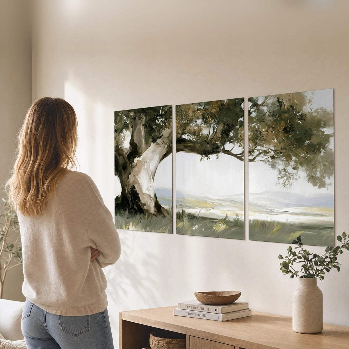 Old oak tree landscape painting set of 3 poster prints in a living room