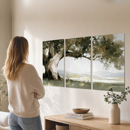 Old oak tree landscape painting set of 3 poster prints in a living room