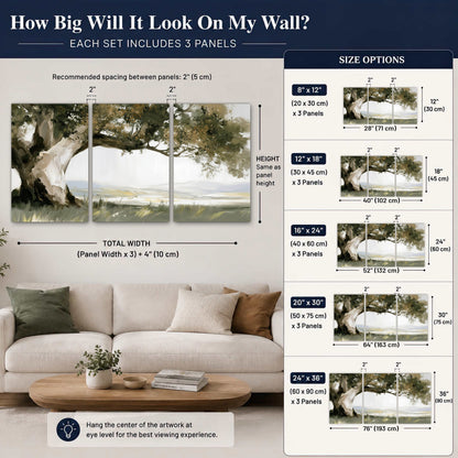 Old oak tree landscape painting set of 3 poster prints size guide above a sofa