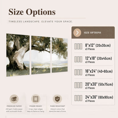 Old oak tree landscape painting set of 3 poster prints size options