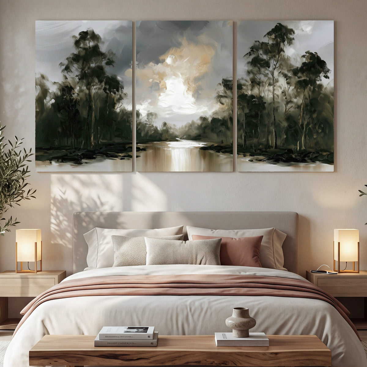 Moody river forest painting 3 piece canvas wall art in a bedroom above the bed
