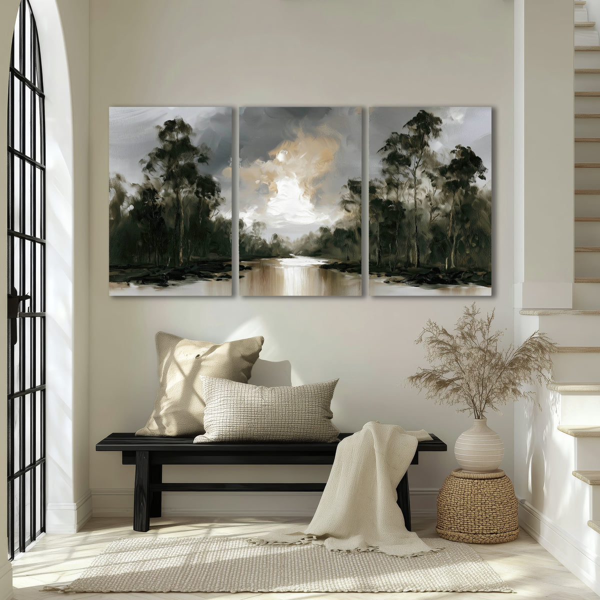 Moody river forest painting 3 piece canvas wall art in an entryway above a bench