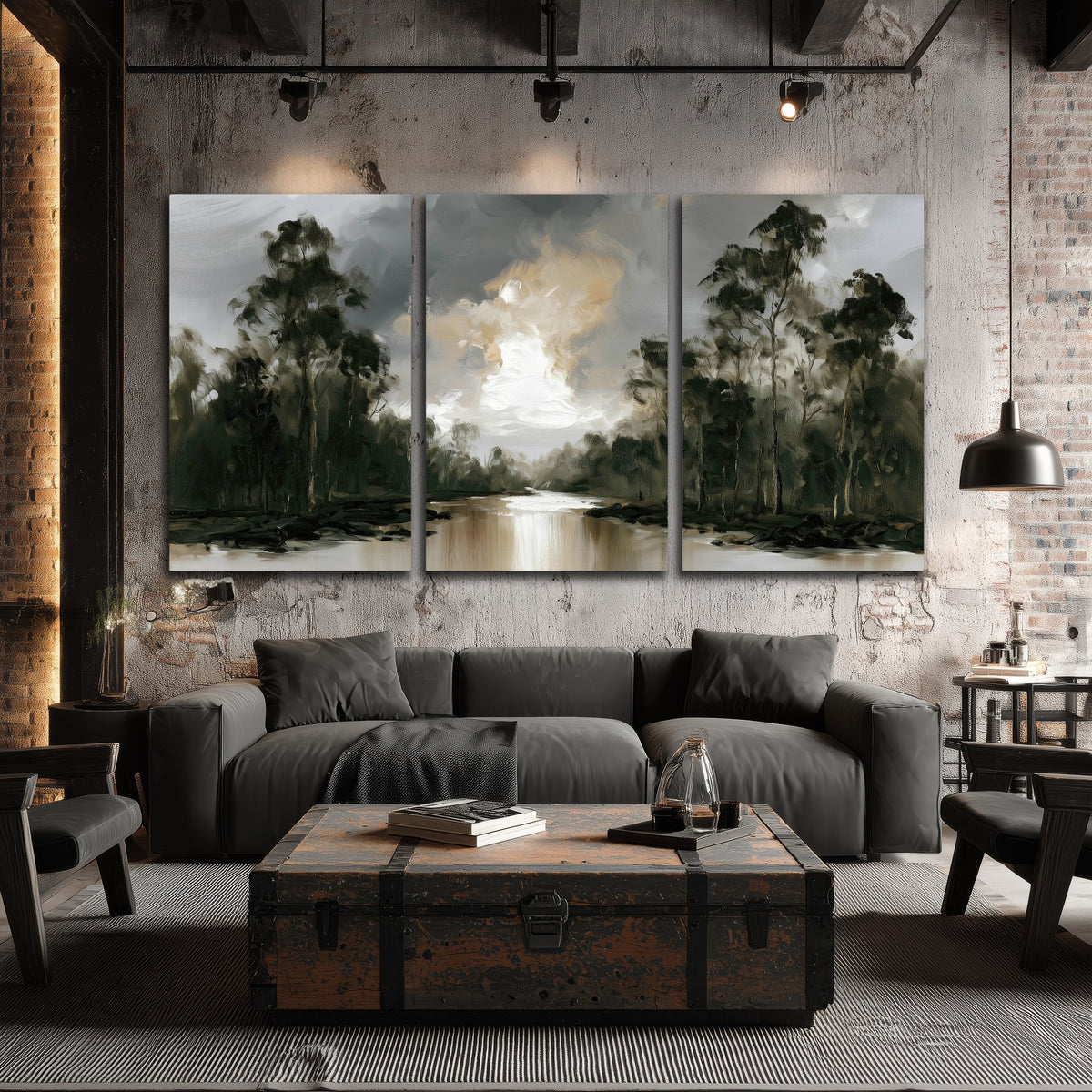 Moody river forest painting 3 piece canvas wall art in an industrial loft
