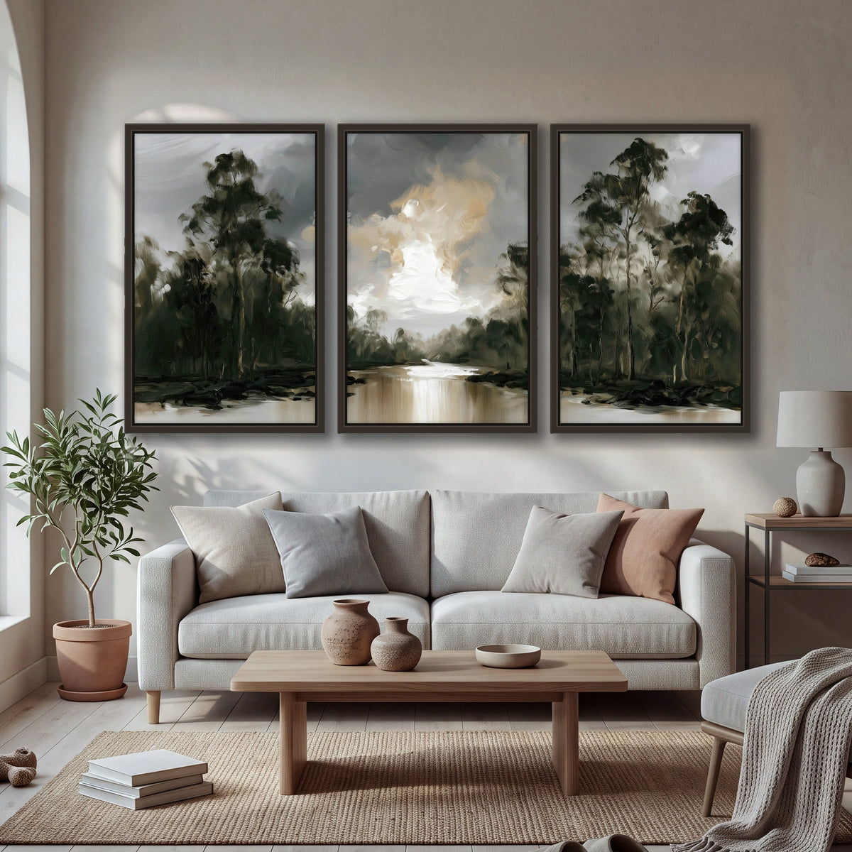 Moody river forest painting 3 piece framed canvas in a bright living room